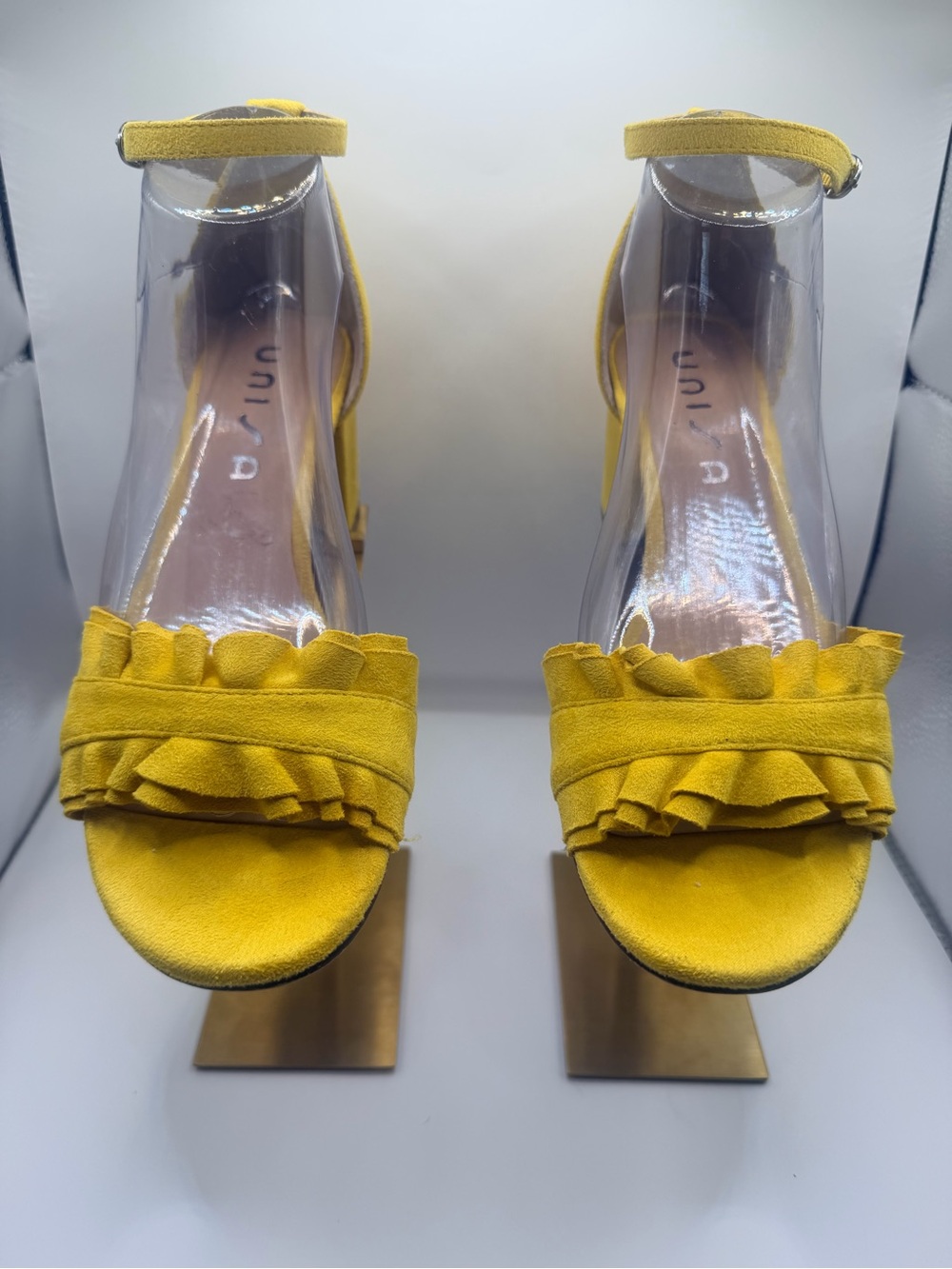 Unisa Yellow Suede Ruffle Ankle-Strap Heels